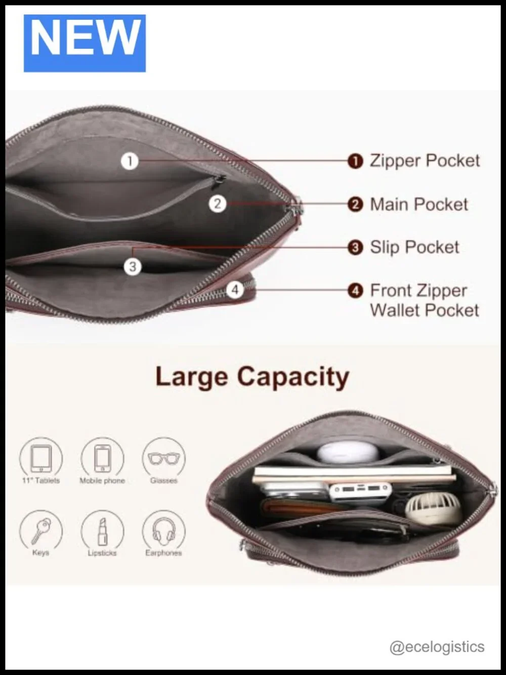 Genuine Leather Crossbody Bag RFID Blocking Pockets Adjustable Straps